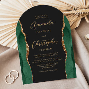Emerald Green Gold Agate Script Dark Arch Wedding Invitation