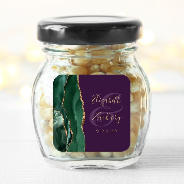 Emerald Green Gold Agate Script Purple Wedding Square Sticker (Creator Uploaded)