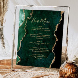 Emerald Green Gold Agate Script Wedding Bar Menu  Poster