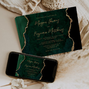 Emerald Green Gold Agate Script Wedding Invitation