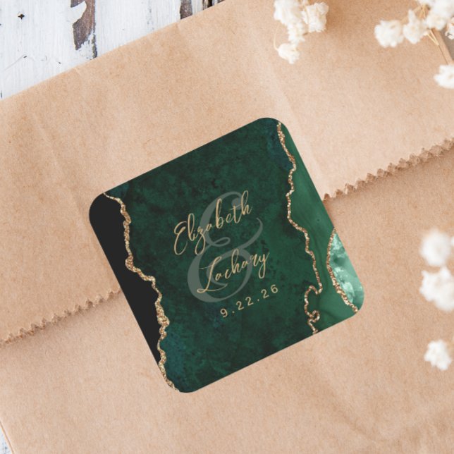 Emerald Green Gold Agate Script Wedding Square Sticker (Creator Uploaded)