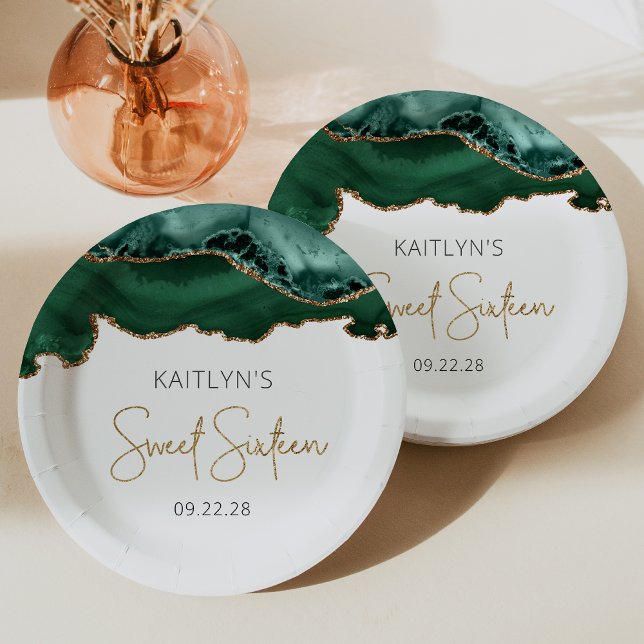 Emerald Green Gold Agate Sweet 16 Birthday Party Paper Plate (Creator Uploaded)