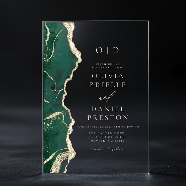 Emerald Green Gold Agate Wedding Monogram Acrylic Invitations (Creator Uploaded)