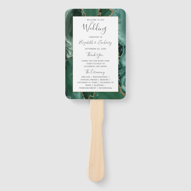 Emerald Green Gold Agate Wedding Program Hand Fan (Front)