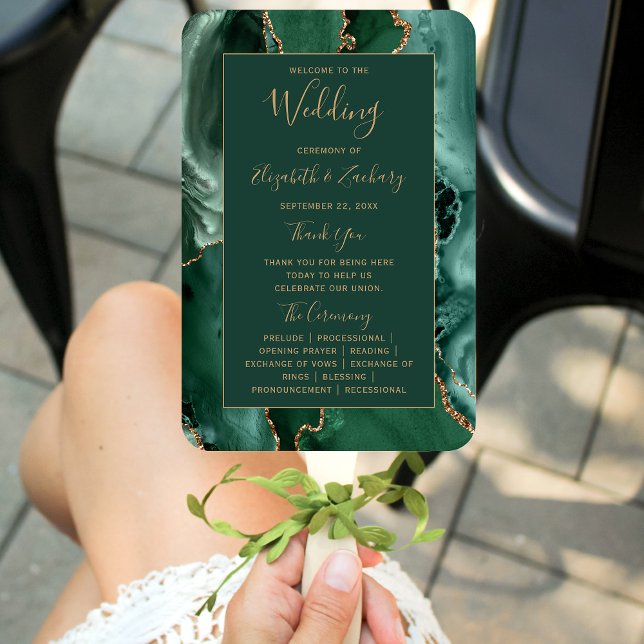 Emerald Green Gold Agate Wedding Program Hand Fan (Creator Uploaded)