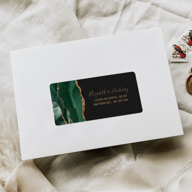 Emerald Green Gold Agate Wedding RSVP Address Label (Creator Uploaded)