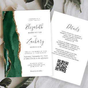 Emerald Green Gold Agate White QR Code Wedding Invitation