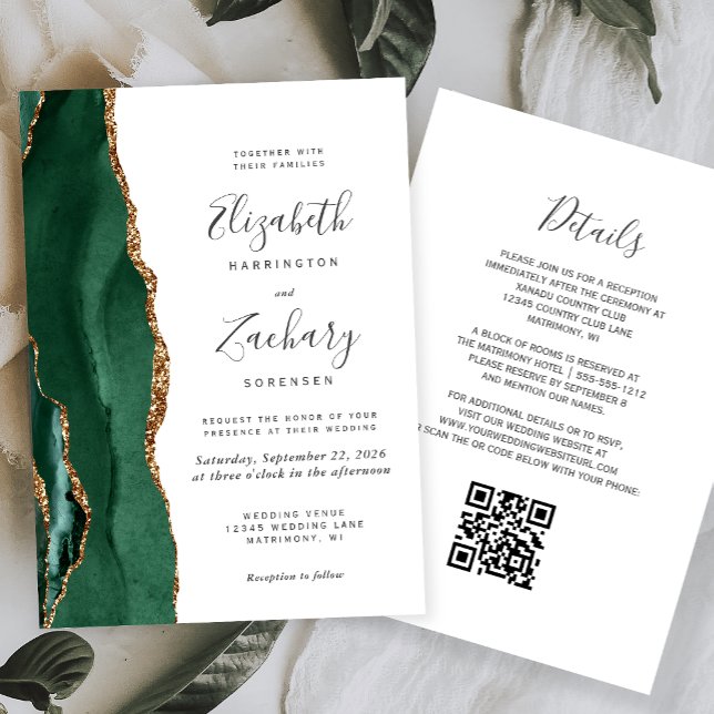 Emerald Green Gold Agate White QR Code Wedding Invitation (Creator Uploaded)