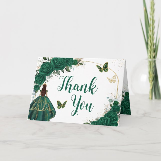 Emerald Green Gold Arch Butterflies Quinceañera Thank You Card (Front)