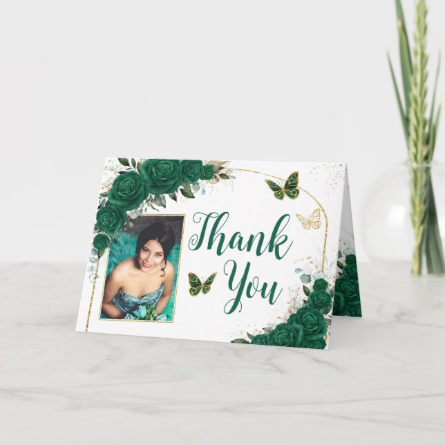 Emerald Green Gold Arch Quinceañera Sweet 16 Photo Thank You Card (Front)