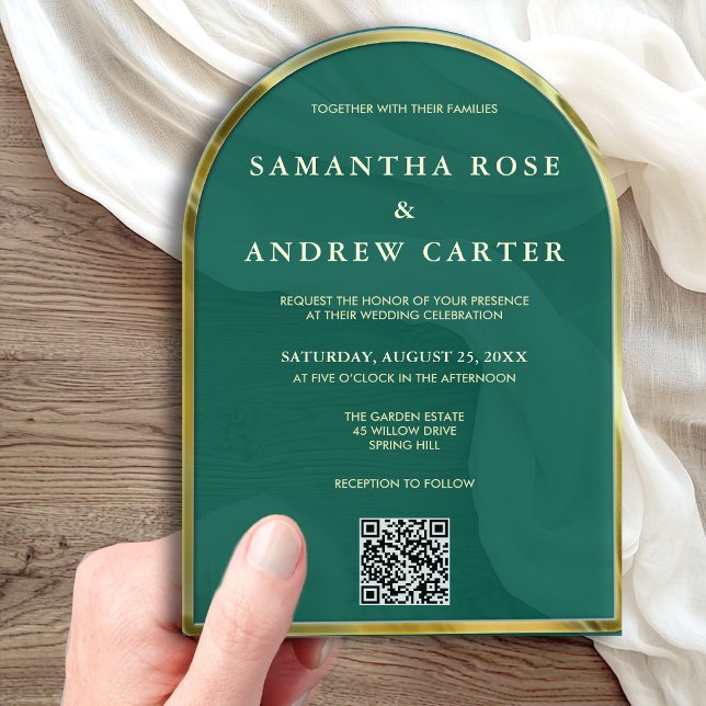 Emerald Green Gold Arched Acrylic Wedding Invitations (Creator Uploaded)