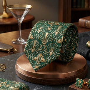 Emerald Green Gold Art Deco Gatsby Geometric Tie