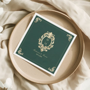 Emerald Green Gold Baroque Monogram Wedding Napkin