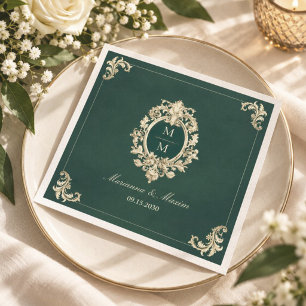 Emerald Green Gold Baroque Monogram Wedding Napkin