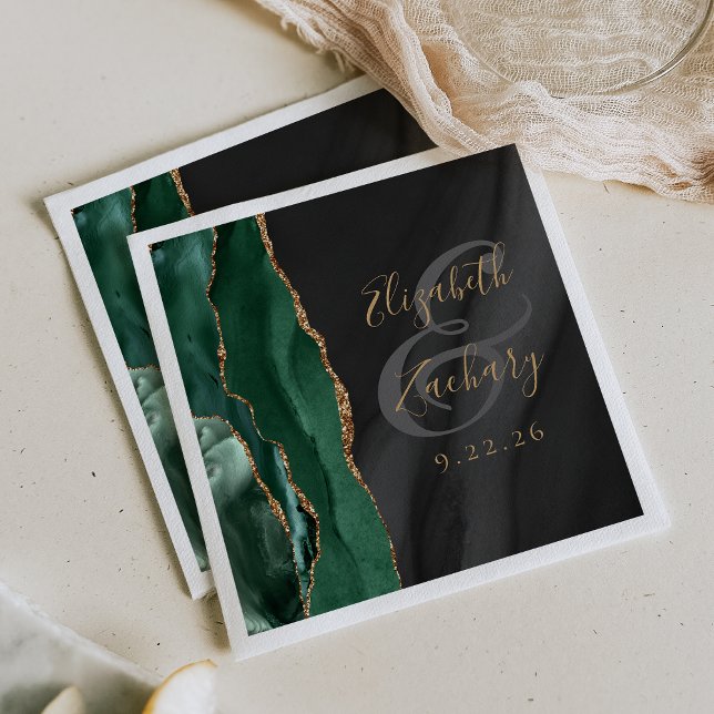 Emerald Green Gold Black Agate Script Wedding Napkin (Creator Uploaded)