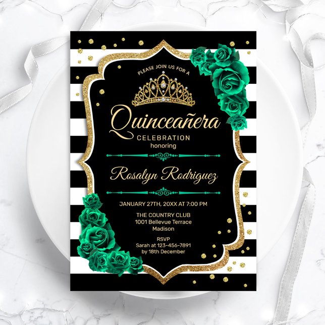 Emerald Green Gold Black Elegant Quinceanera Invitation (Creator Uploaded)