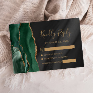 Emerald Green Gold Black Watercolor Agate Wedding RSVP Card