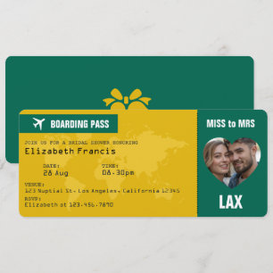 Emerald Green & Gold Boarding Pass Bridal Shower Invitation