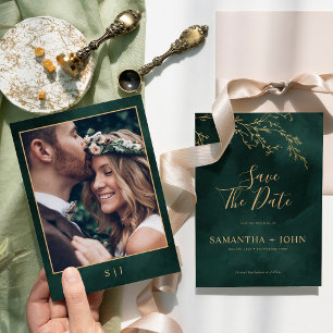 Emerald Green & Gold Botanical Elegant Photo Save The Date