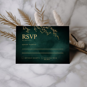 Emerald Green & Gold Botanical Elegant Wedding RSVP Card