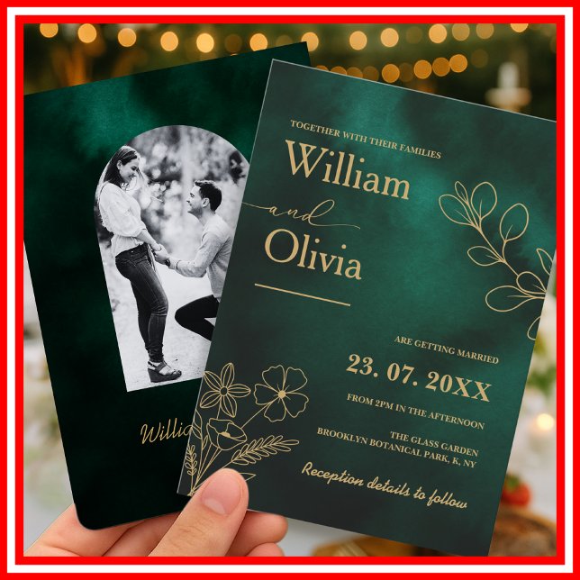 Emerald Green & Gold Botanical Photo Wedding Invitation (Creator Uploaded)