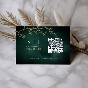 Emerald Green & Gold Botanical QR Code Wedding RSVP Card