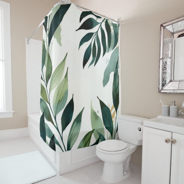 Emerald Green & Gold Botanical Shower Curtain (In Situ)