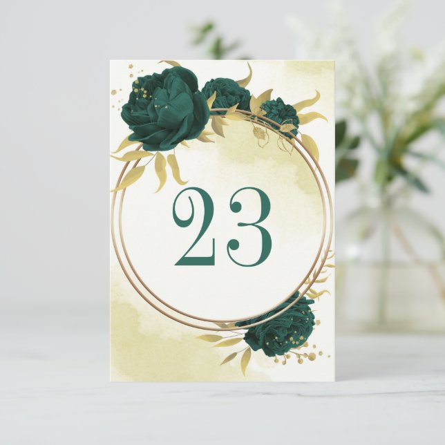 Emerald green gold botanical table number (Standing Front)