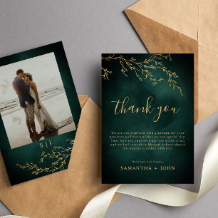 Emerald Green & Gold Botanical Wedding Photo Thank You Card