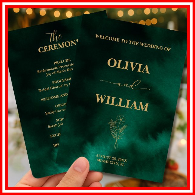 Emerald Green & Gold Botanical Wedding Programme (Creator Uploaded)