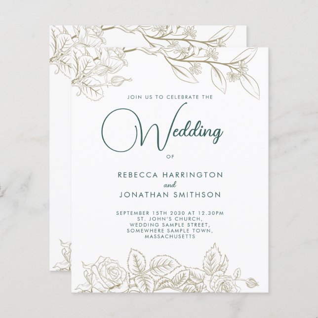 Emerald Green Gold Budget Wedding Invitation (Front/Back)