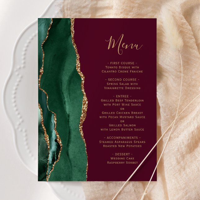 Emerald Green Gold Burgundy Red Wedding Menu (Creator Uploaded)