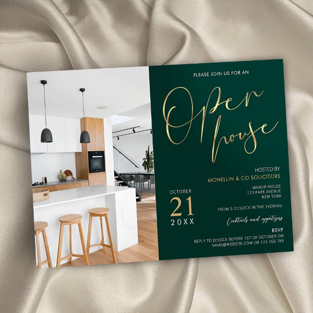 Emerald Green & Gold Business Open House One Photo Invitation (Green and faux gold business logo modern open house photo invitation)