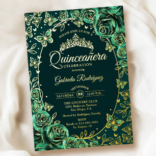 Emerald Green Gold Butterflies Roses Quinceanera