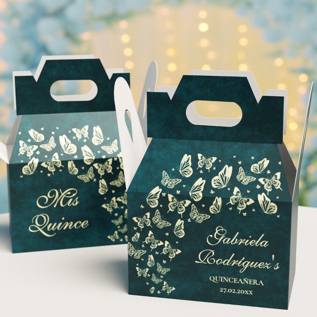 Emerald Green Gold Butterfly 15 Años Mis Quince Favour Box (Emerald Green Gold Butterfly 15 Años Mis Quince Favor Boxes)