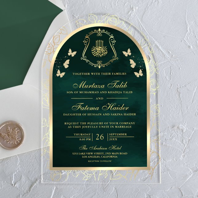 Emerald Green Gold Butterfly Arch Muslim Wedding Acrylic Invitations (Creator Uploaded)