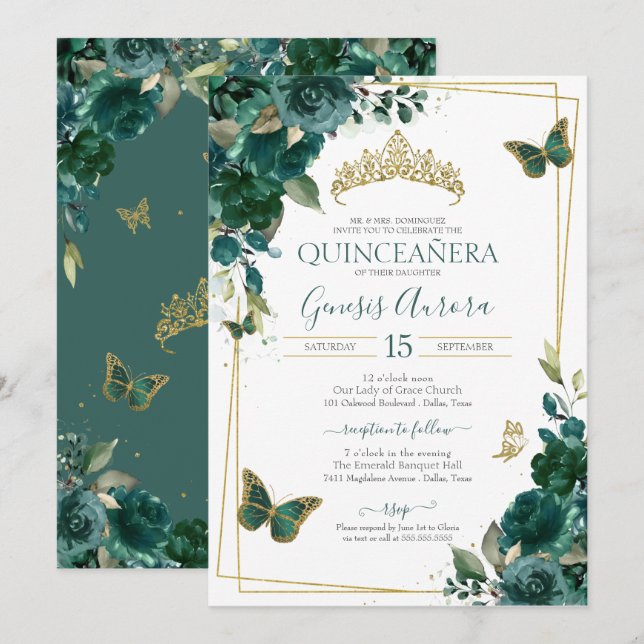 Emerald Green & Gold Butterfly Floral Quinceanera Invitation (Front/Back)