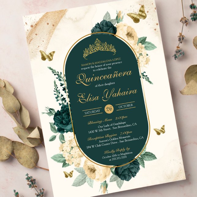 Emerald Green Gold Butterfly Floral Quinceañera Invitation (Creator Uploaded)