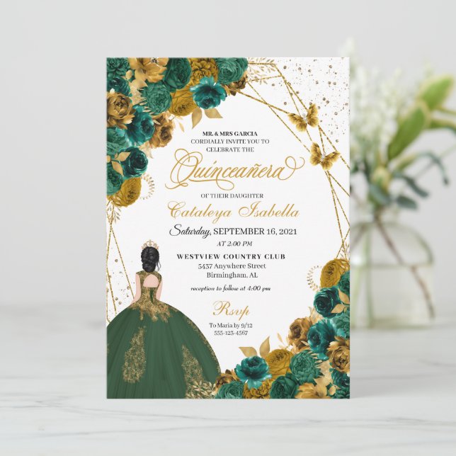 Emerald Green Gold Butterfly Princess Quinceanera Invitation (Standing Front)