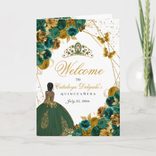 Emerald Green & Gold Butterfly Quinceanera Program Invitation