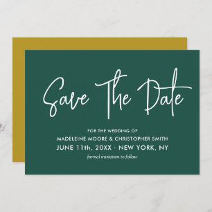 Emerald Green & Gold Calligraphy Scan QR Code Save The Date