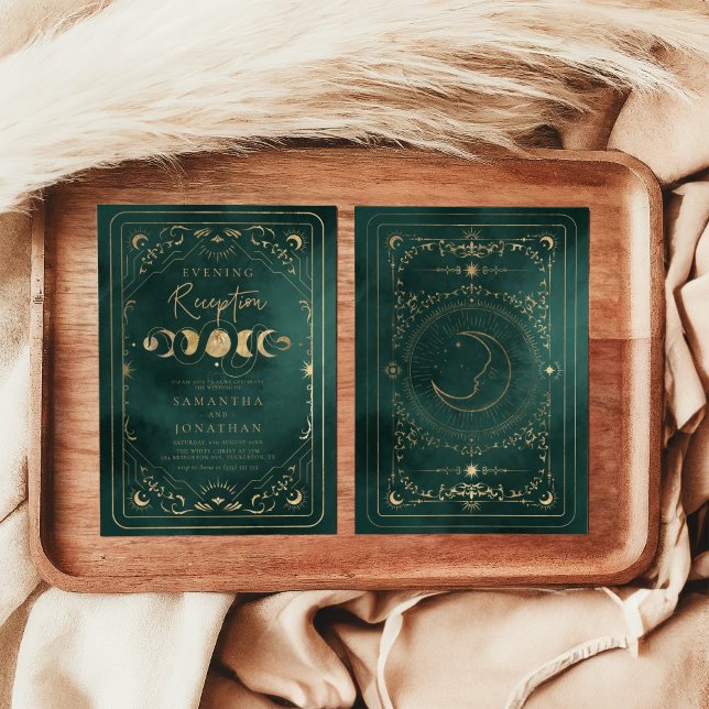Emerald Green Gold Celestial Wedding Reception Invitation (Creator Uploaded)