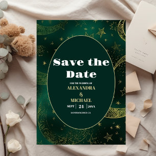 Emerald Green Gold Celestial  Wedding Save The Date