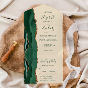 Emerald Green Gold Champagne Meal Options Wedding All In One Invitation