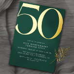 Emerald Green   Gold | Cool Modern 50th Birthday<br><div class="desc">Modern 50th birthday invitations with a large heading "50" in real metallic foil. Your event details are printed below in matte white font. Gold foil on an emerald green background.</div>