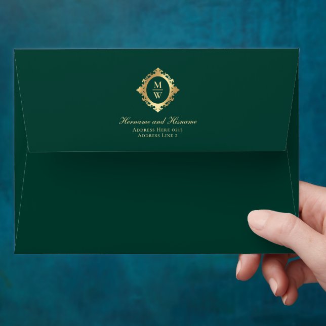 Emerald Green Gold Crest Custom Monogram Address Envelope (Hand)