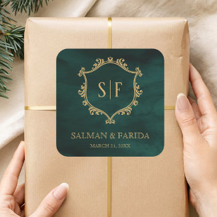 Emerald Green Gold Crest Monogram Wedding Favour Square Sticker