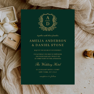 Emerald Green Gold Crest Monogram Wedding Invitation