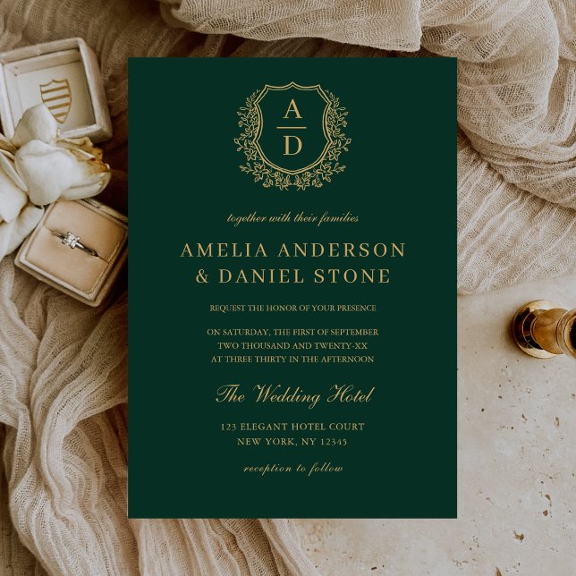 Emerald Green Gold Crest Monogram Wedding Invitation (Creator Uploaded)