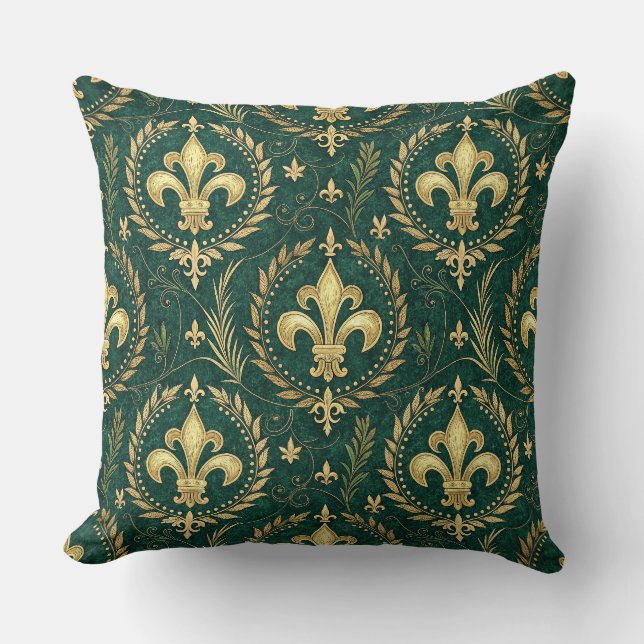 Emerald Green & Gold Crest Royal Damask Pattern Cushion (Front)